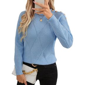 Womens Lightweight Argyle Button Sweater Fall 2024 Ladies Dressy Ribbed Knit Crewneck Long Sleeve Pullover Tops