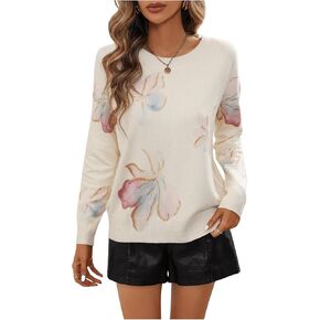 Women's Floral Pattern Sweaters Long Sleeve Round Neck Knitted Pullover Tops