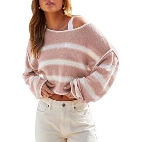 Balimtoy Womens Lightweight Cropped Sweaters Casual Long Sleeve Crew Neck Loose Striped Sweater Pullover Knit Jumper Crop Top