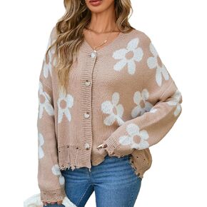 Womens Oversized Cute Flower Distressed Hem Button Cardigan Fall 2024 Lightweight Ribbed Knit Sweater Cardigans