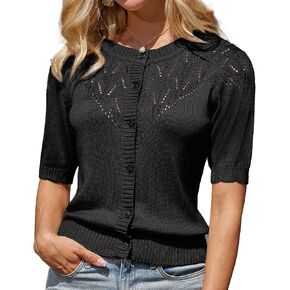GRACE KARIN 2025 Womens Summer Short Sleeve Sweater Cardigan Lightweight Crew Neck Sweater Crochet Knit Top