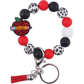 Silicone Bead Apple Keychain Wristlet Bracelet for Teacher,Leopard Wristlet Bangle Keyring Back to School Gifts from Student