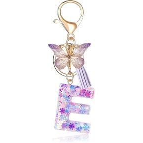 Fmeida Initial Letter Keychains for Women Cute Purple Keychain with Tassel& Butterfly