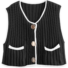 Disamer Sleeveless Sweater Vest for Women Crochet Knit Top Button Down Crop Tops Cardigan Tank Tops with Pockets