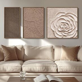 Large Framed Neutral Abstract Wall Art 3 Piece, Brown Beige Flower Canvas Wall Art for Living Room, Wabi Sabi Art Minimalist Painting Prints Aesthetic Artwork for Bedroom Hallway Office Decor