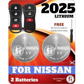 Key Fob Battery for Nissan Infiniti CR2025 OEM (2 Pack) Replacement for Altima Armada Maxima Frontier Murano Pathfinder Sentra 350Z QX56 Q45 EX FX G35 (CWTWB1U415, 28268-1HJ1A) Check Fitment Guide