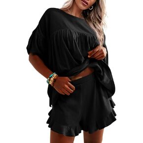 Tankaneo Womens 2 Piece Pajama Sets Vacation Outfits Ruffle Sleeve Babydoll Tops and Shorts Lounge Matching Set