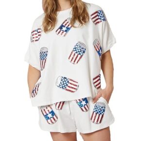 Women 4th of July Outfit American Flag Sequins Short Sleevle T-Shirt Casual Summer Two Piece Short Set