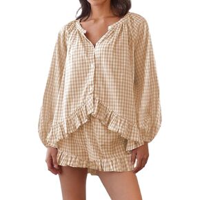 Women Y2K Plaid Pajama Sets Short Sleeve Ruffle Babydoll Shirt Elastic Waist Shorts Cute Gingham 2 Piece Sets