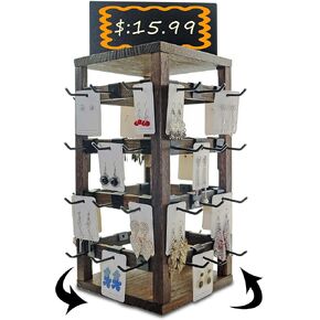 Wooden rotate Jewelry Display Stand with advertising board Removable 48 Hooks, For Earring Cards necklace bracelet Keychain Jewelry Organizer For Selling For vendor events (brown)
