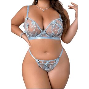 MakeMeChic Women's Plus Size 2 Piece Lingerie Set 3D Floral Sheer V Neck Bra and Thong Set