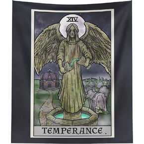 The Ghoulish Garb Temperance Tarot Card Tapestry - Crying Angel Statue - Gothic Halloween Home Decor Wall Hanging (60" x 50")