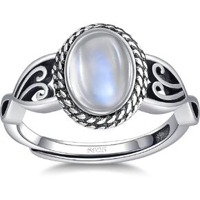 Moonstone Rings for Women 925 Sterling Silver Adjustable Ring Vintage Statement Rings with 6 * 8mm Oval Moonstone