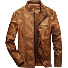 WULFUL Men's Stand Collar Leather Jacket Motorcycle Lightweight Faux Leather Outwear