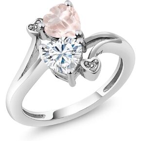 Gem Stone King 925 Sterling Silver Rose Rose Quartz White Moissanite and White Diamond Ring For Women (1.55 Cttw, Heart Shape 6MM, Gemstone Birthstone, Available In Size 5, 6, 7, 8, 9)