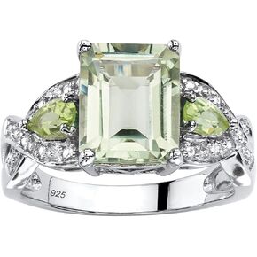 PalmBeach Platinum-plated Sterling Silver Emerald Cut Genuine Green Amethyst and Pear Genuine Peridot Ring Sizes 6-10