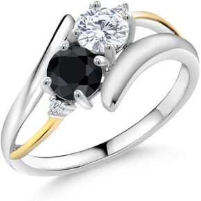 Gem Stone King 925 Silver and 10K Yellow Gold Black Sapphire White Moissanite and Lab Grown Diamond Ring For Women | 1.21 Cttw | Gemstone Birthstone | 5MM Round | Available In Size 5, 6, 7, 8, 9