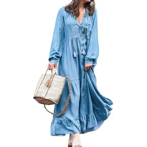 chouyatou Women's Spring Long Sleeeve Tiered Denim Dress Summer Flowy A-Line Maxi Long Tunic Dress