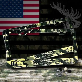 USA Flag Black Camo License Plate Frames 2 Pcs Pack, Patriotic Car Tags, Aluminum License Plate Frame Holder