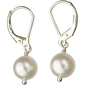 Sterling Silver Leverback Earrings White 8mm Crystal Simulated Pearl