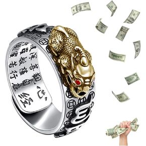 HETICA Feng Shui Pixiu Mantra Amulet Lucky Adjustable Ring Buddhist Good Luck Mantra Double Protection Wealth Love Health Ring Vintage Ring Jewelry Gift