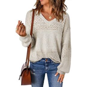 Sweaters for Women 2024 Trendy Latern Sleeve V Neck Shirts Light Weight Oversized Loose Crochet Pullover Sweater Tops