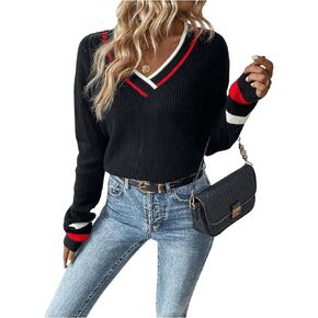 MakeMeChic Women's Striped Pullover Sweater Color Block V Neck Drop Shoulder Long Sleeve Sweater