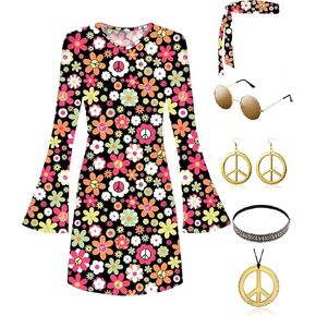 6 Pcs 60s 70s Outfits for Women Disco Hippie Costume Dress Peace Sign Earring Headband