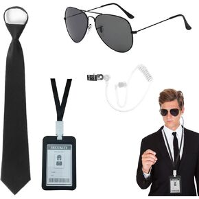 Agent Costume Set Secret Security Service Outfit Accessory Kit Includes Zipper Tie Black Sunglasses Earpiece and ID Card