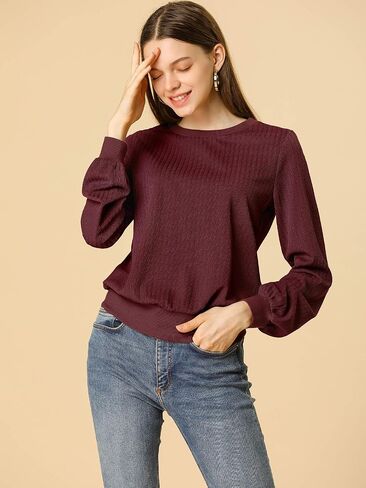 Allegra K Women's Saint Patrick's Day Lantern Sleeve Tops Crewneck Winter Retro Ribbed Pullover Sweater in Saudi Arabia