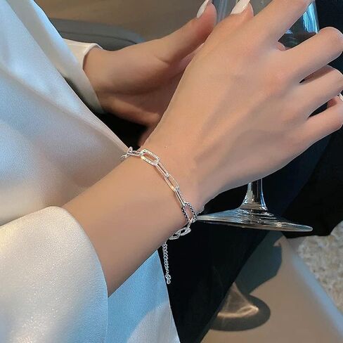 سوار فضي، أساور سلسلة فضية قابلة للتعديل، مجوهرات سوار سلسلة لامعة أنيقة للنساء in Kuwait