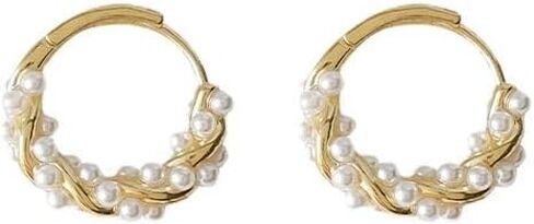 أقراط اللؤلؤ للنساء، أقراط هوجي دائرية ذهبية مكتنزة عصرية أنيقة عتيقة من النحاس لا تسبب الحساسية، هدايا مجوهرات in Kuwait