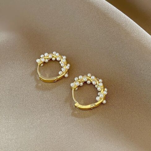 أقراط اللؤلؤ للنساء، أقراط هوجي دائرية ذهبية مكتنزة عصرية أنيقة عتيقة من النحاس لا تسبب الحساسية، هدايا مجوهرات in Kuwait