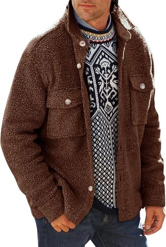 Runcati Mens Fuzzy Sherpa Fleece Jacket Casual Button Down Shacket Winter Lightweight Outwear with Pocket in Saudi Arabia