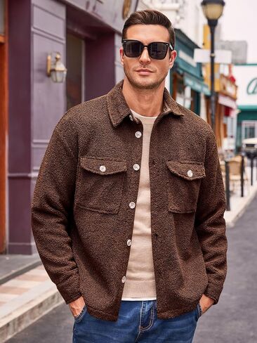 Runcati Mens Fuzzy Sherpa Fleece Jacket Casual Button Down Shacket Winter Lightweight Outwear with Pocket in Saudi Arabia