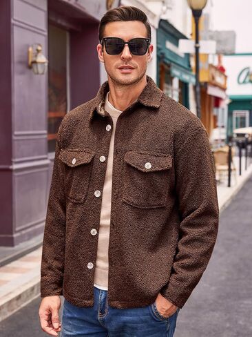 Runcati Mens Fuzzy Sherpa Fleece Jacket Casual Button Down Shacket Winter Lightweight Outwear with Pocket in Saudi Arabia