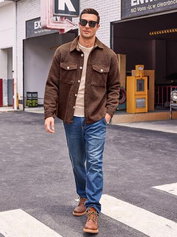Runcati Mens Fuzzy Sherpa Fleece Jacket Casual Button Down Shacket Winter Lightweight Outwear with Pocket in Saudi Arabia
