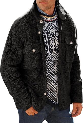 Runcati Mens Fuzzy Sherpa Fleece Jacket Casual Button Down Shacket Winter Lightweight Outwear with Pocket in Saudi Arabia