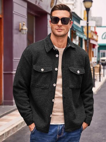 Runcati Mens Fuzzy Sherpa Fleece Jacket Casual Button Down Shacket Winter Lightweight Outwear with Pocket in Saudi Arabia