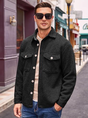 Runcati Mens Fuzzy Sherpa Fleece Jacket Casual Button Down Shacket Winter Lightweight Outwear with Pocket in Saudi Arabia
