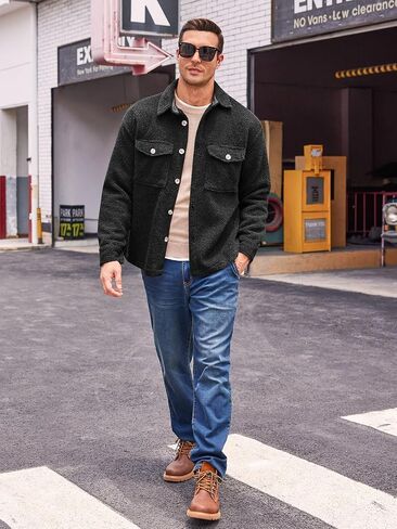 Runcati Mens Fuzzy Sherpa Fleece Jacket Casual Button Down Shacket Winter Lightweight Outwear with Pocket in Saudi Arabia