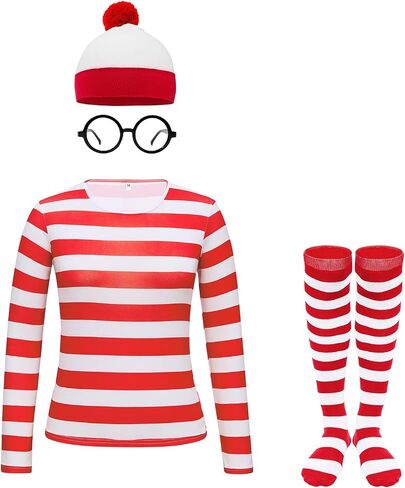American Trends Halloween Costumes Red and White Striped Shirt Glasses Hat Socks Outfits Halloween Cosplay Costumes in Kuwait