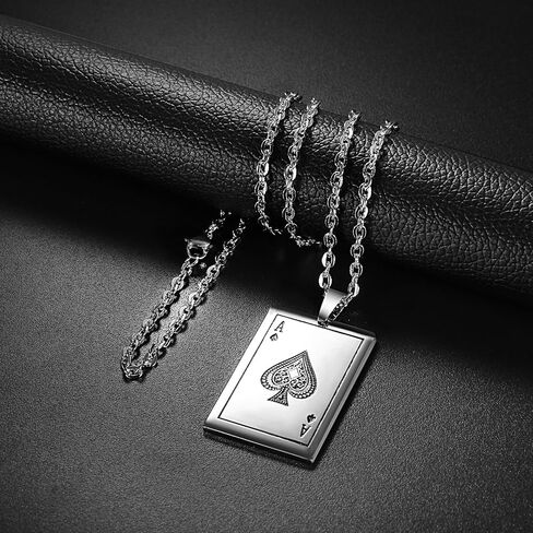 OIDEA Ace of Spades قلادة للرجال: قلادة من الفولاذ المقاوم للصدأ قلادة حظًا سعيدًا على شكل بطاقة بوكر قلادة هيب هوب روك مجوهرات هدية للرجال والنساء، سلسلة 22 بوصة in Kuwait