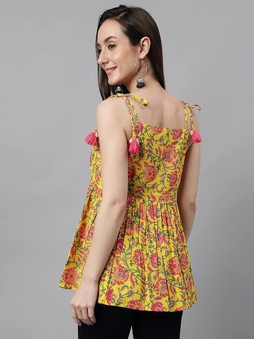 بلوزة بيبلوم مطبوعة بالزهور من القطن الأصفر للسيدات من Janasya Indian in Kuwait