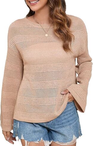 Summer Tops for Women 2024 Crochet Sweater Hollow Out 1/2 Sleeve Pullover Off Shoulder Sweater T-Shirts Beach Coverup. in Saudi Arabia