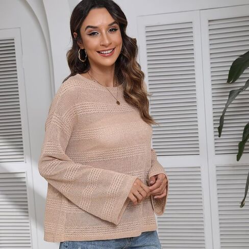 Summer Tops for Women 2024 Crochet Sweater Hollow Out 1/2 Sleeve Pullover Off Shoulder Sweater T-Shirts Beach Coverup. in Saudi Arabia