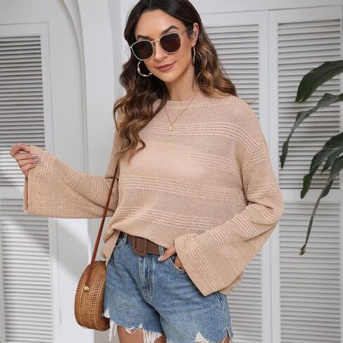 Summer Tops for Women 2024 Crochet Sweater Hollow Out 1/2 Sleeve Pullover Off Shoulder Sweater T-Shirts Beach Coverup. in Saudi Arabia