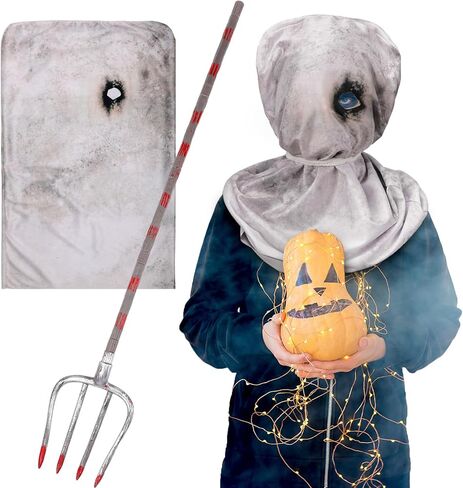 Suhine قطعتان من أزياء الهالوين المخيفة تتضمن قناع كيس الخيش القاتل للرعب وشوكة مخيفة مع دم مزيف للبالغين in Kuwait