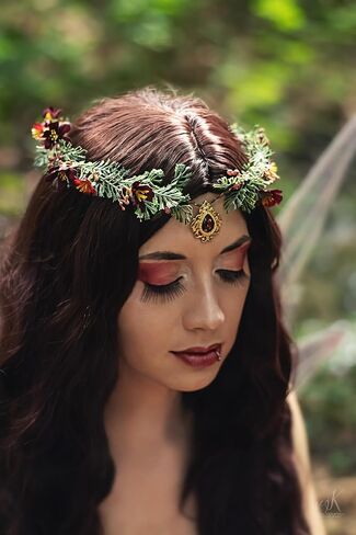 MOSTORY Handmade Elf Flower Crown - Woodland Fairy Headpiece Forest Floral Circlet Elven Wreath for Women Girls Cosplay Halloween Renaissance Christmas Party Photo Shoot in Kuwait