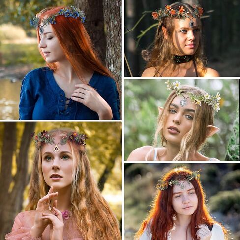 MOSTORY Handmade Elf Flower Crown - Woodland Fairy Headpiece Forest Floral Circlet Elven Wreath for Women Girls Cosplay Halloween Renaissance Christmas Party Photo Shoot in Kuwait